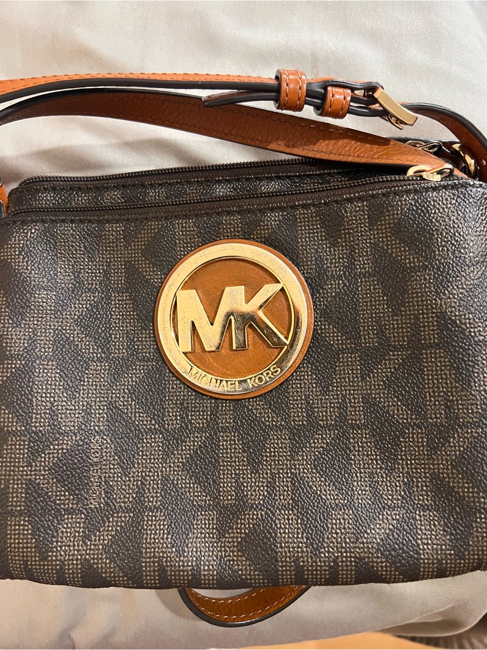 Michael Kors Brown Signature MK Logo Crossbody with Gold Accent